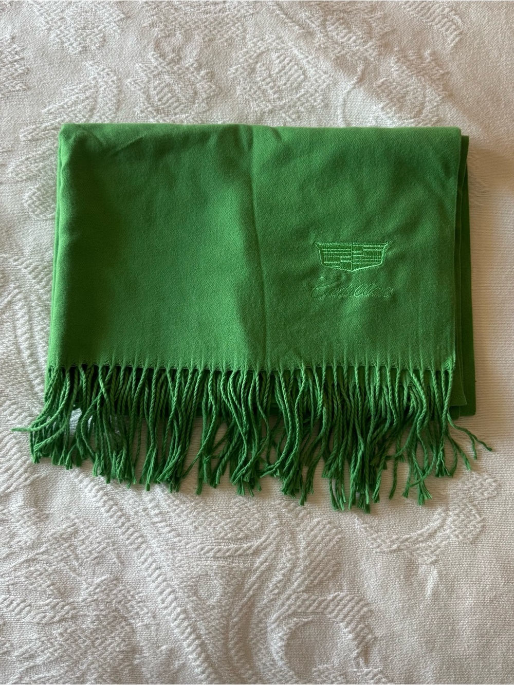 Cadillac Green Fringed Scarf with Embroidered Logo Luxury Car Auto